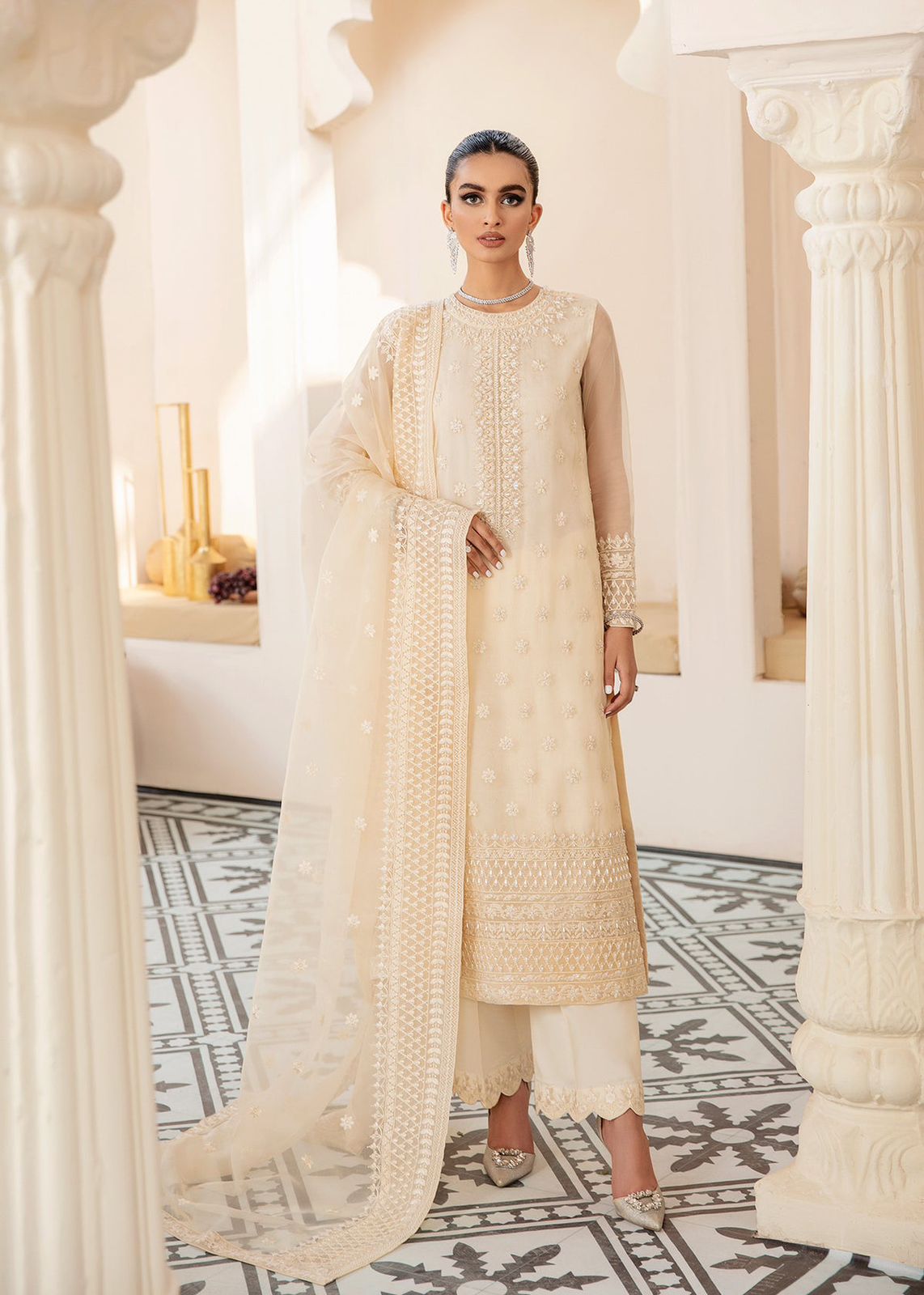AKBAR ASLAM WHITE ASH U-1446 FORMAL COLLECTION STITCHED - House Of Hania