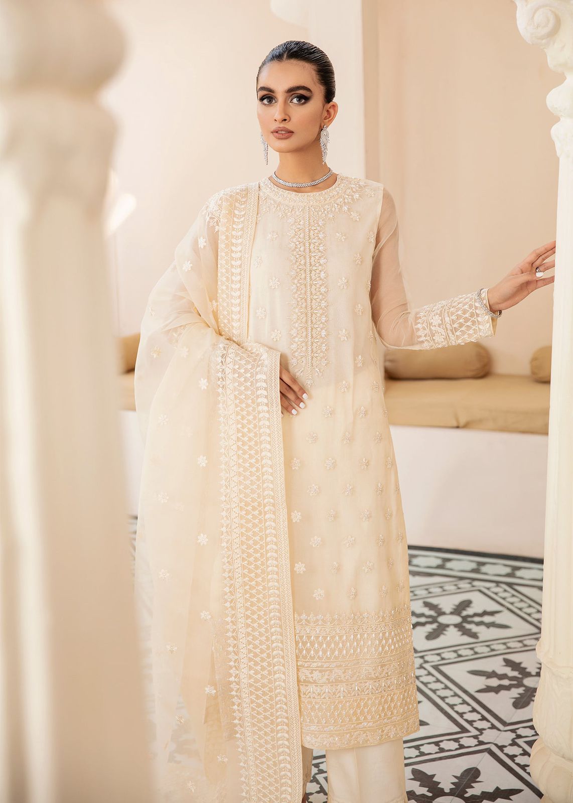 AKBAR ASLAM WHITE ASH U-1446 FORMAL COLLECTION STITCHED - House Of Hania
