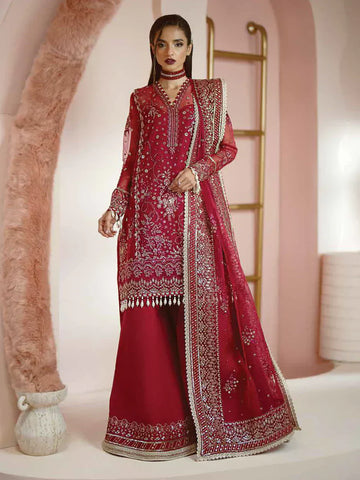 Ayzel Luminara Embroidered Organza 3Pc Suit AWF-03 RUBY - House Of Hania