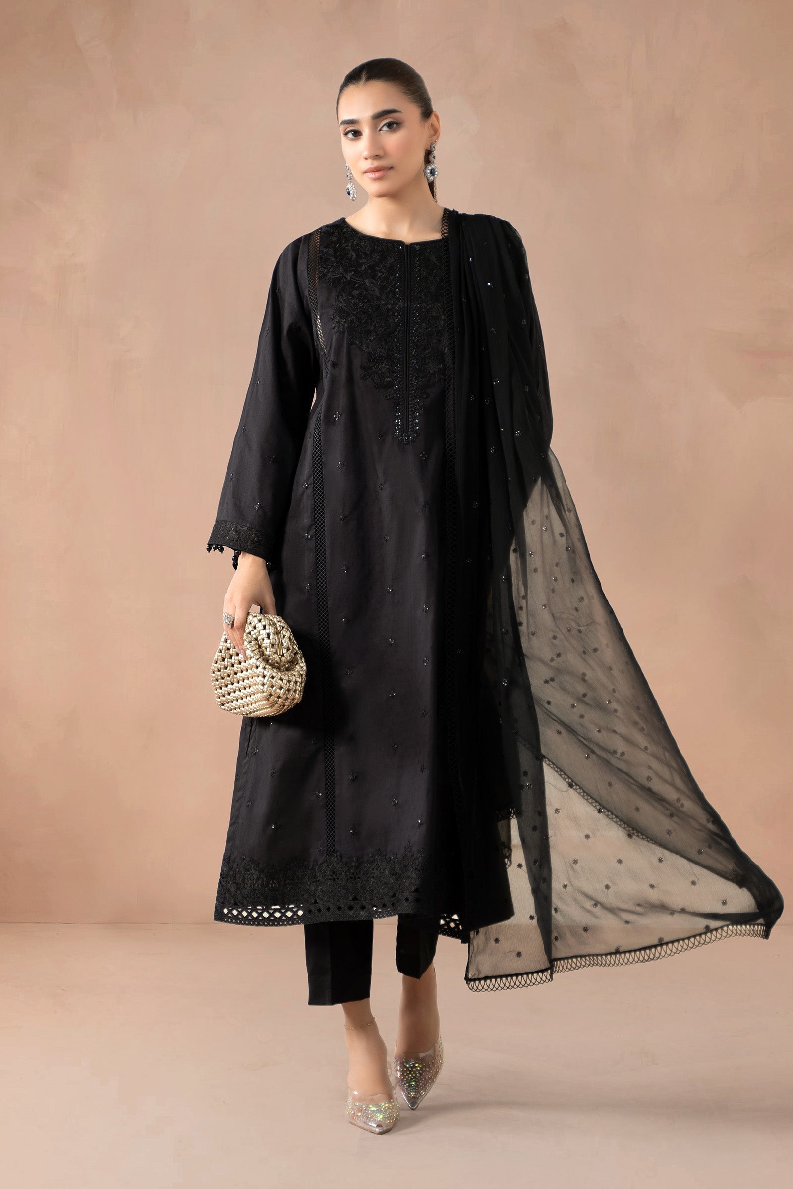 Maria B | Pre Fall Dresses | 3 Piece Embroidered Self Jacquard Suit Black1