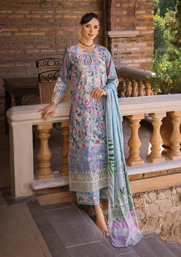 Elaf Premium Print Chikankari Lawn  3Pc Suit ECT-03A OCEAN BLUE - House Of Hania