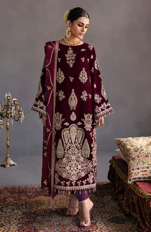 Emaan Adeel Makhmal Embroidered Velvet 3Pc Suit MK-04 HAYAL - House Of Hania