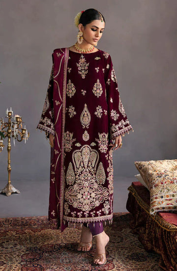 Emaan Adeel Makhmal Embroidered Velvet 3Pc Suit MK-04 HAYAL - House Of Hania