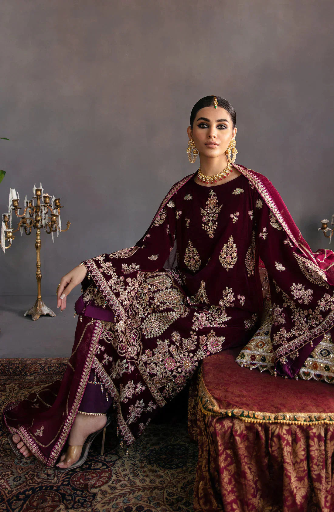 Emaan Adeel Makhmal Embroidered Velvet 3Pc Suit MK-04 HAYAL - House Of Hania