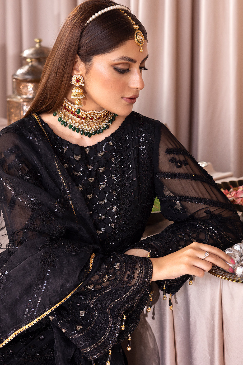 Emaan Adeel Romansiyyah Luxury Formal 3 Piece Suit RM-07 Black Swan - House Of Hania