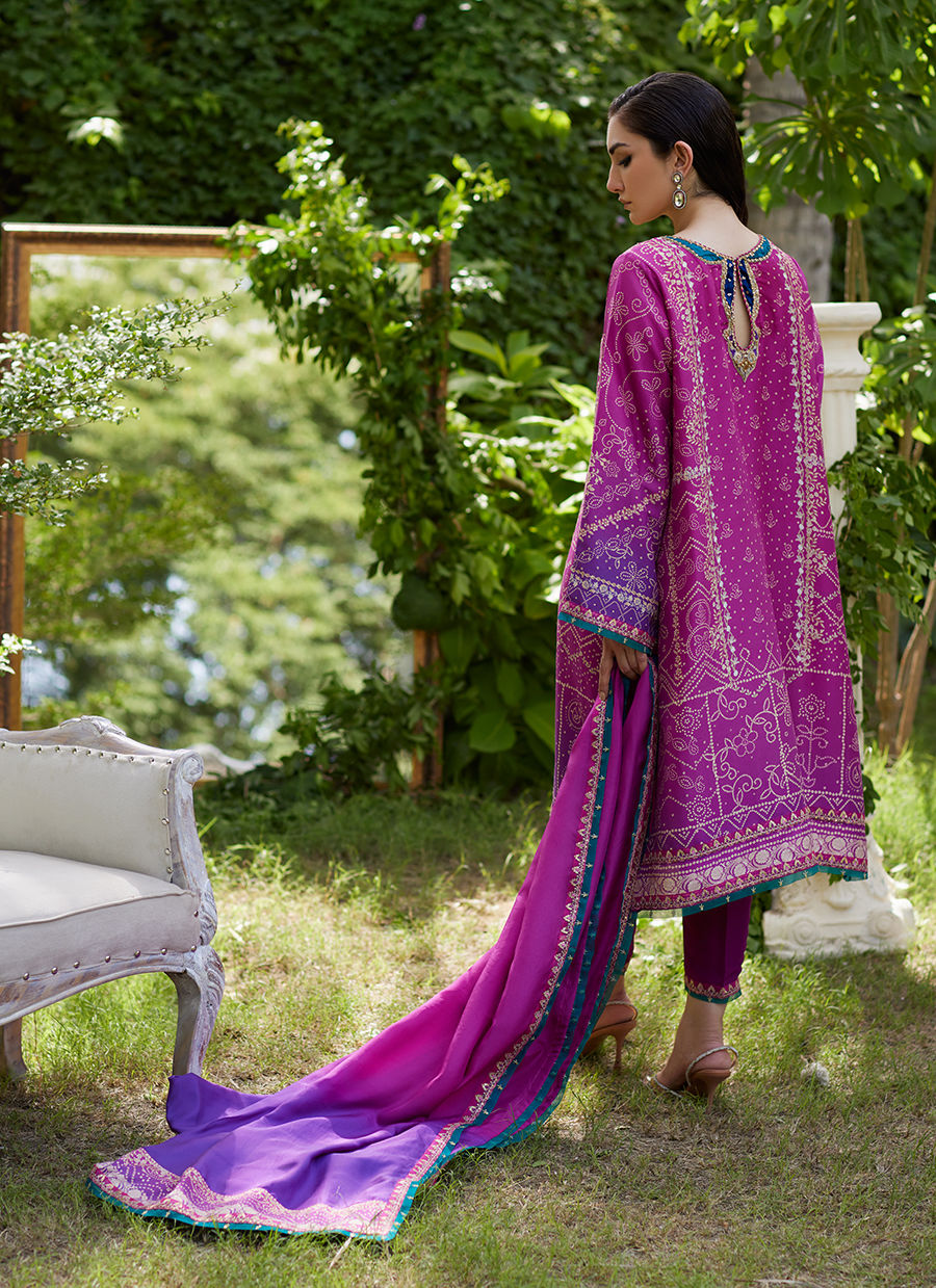 Farah Talib Aziz | Mayna Festive Prints 24 | Tazeen Magenta Ombre Shirt And Dupatta - House Of Hania