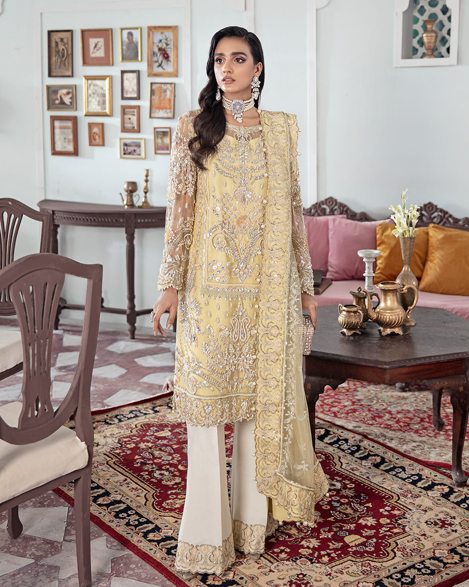 Gulaal | Wedding Formals | MAHJABEEN EMBROIDERED NET 3-PIECE SUIT WS-17 - House Of Hania