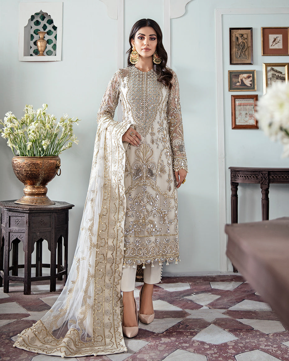 Gulaal | Wedding Formals | Mehr Embroidered Net 3-Piece Suit WS-19 - House Of Hania