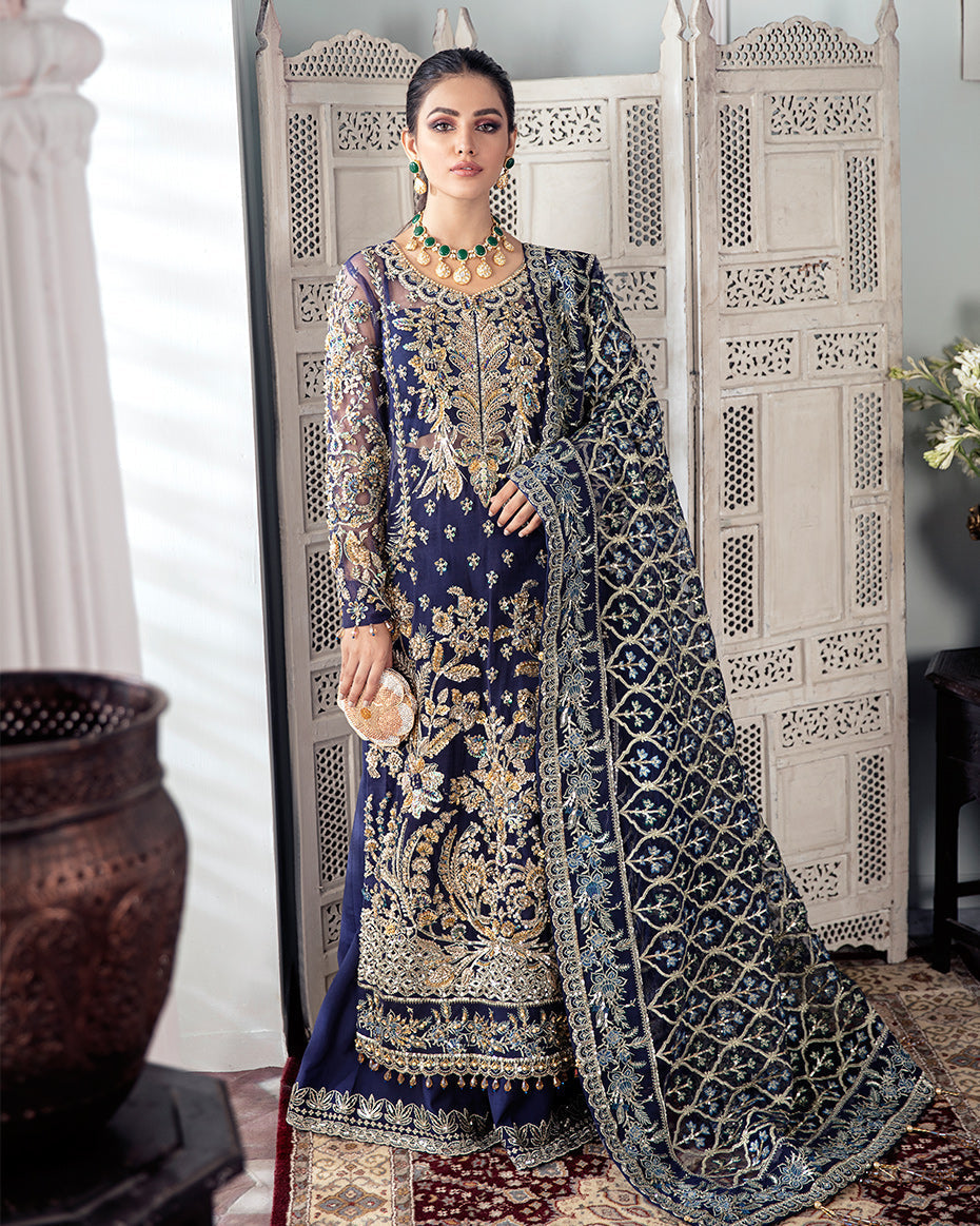 Gulaal | Wedding Formals | QAYINAAT EMBROIDERED NET 3-PIECE SUIT WS-16 - House Of Hania