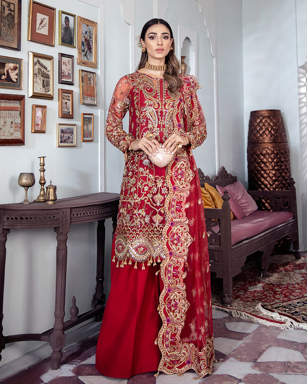 Gulaal | Wedding Formals | Tamanah Embroidered Net 3-Piece Suit WS-12 - House Of Hania