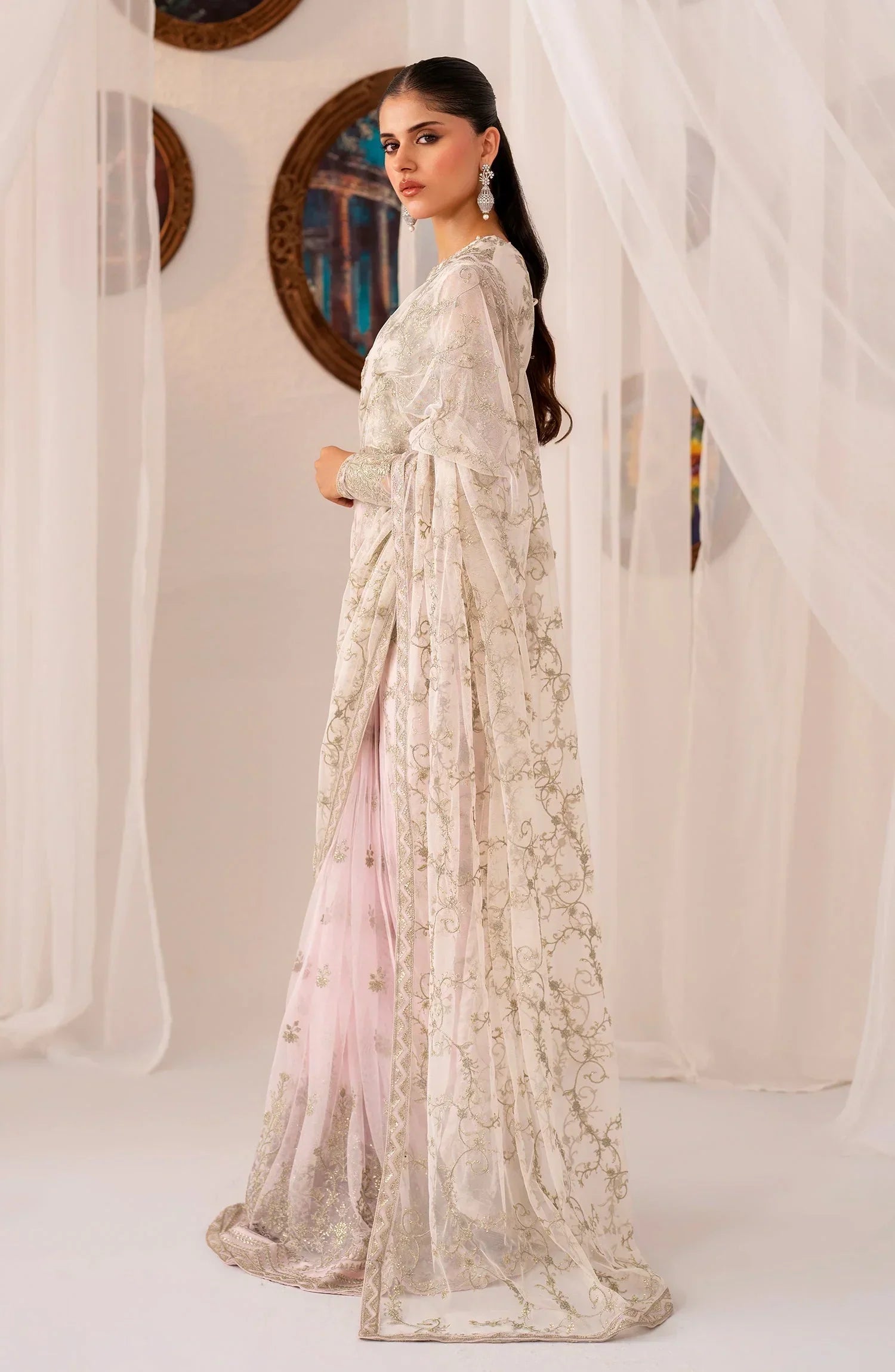 Maheer by Zarif Sequins Embroidered Net 3Pc Suit ZMU-01 PEARL - House Of Hania