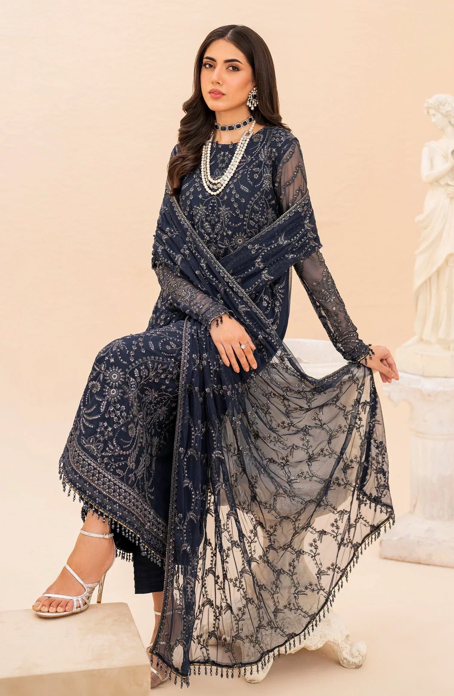 Maheer by Zarif Sequins Embroidered Net 3Pc Suit ZMU-02 ILANA - House Of Hania