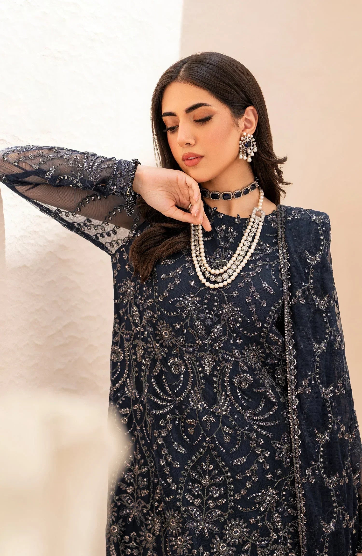 Maheer by Zarif Sequins Embroidered Net 3Pc Suit ZMU-02 ILANA - House Of Hania