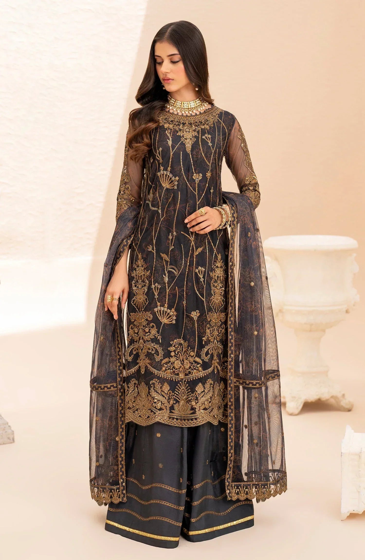Maheer by Zarif Sequins Embroidered Net 3Pc Suit ZMU-05 SELENE - House Of Hania
