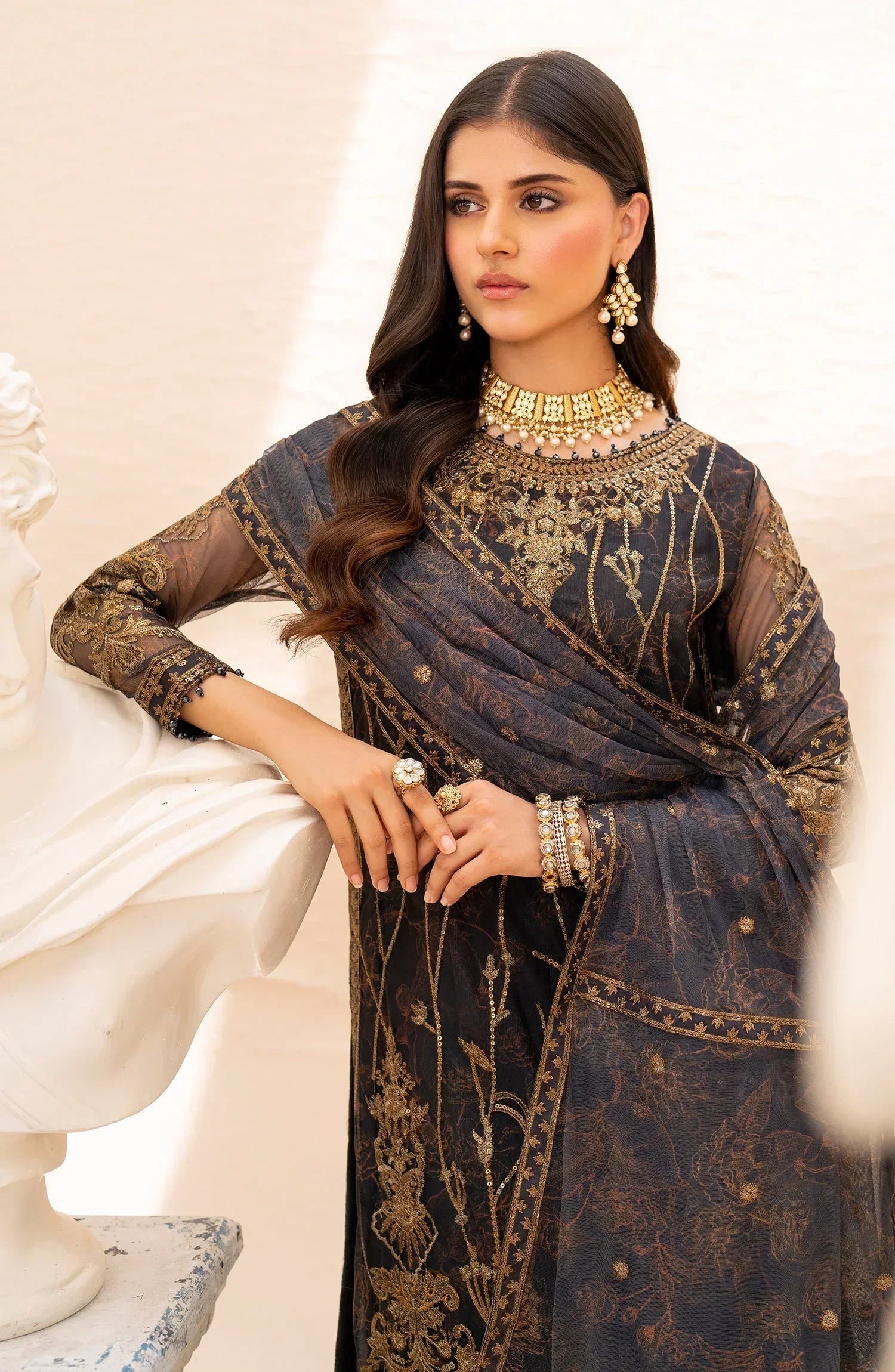 Maheer by Zarif Sequins Embroidered Net 3Pc Suit ZMU-05 SELENE - House Of Hania