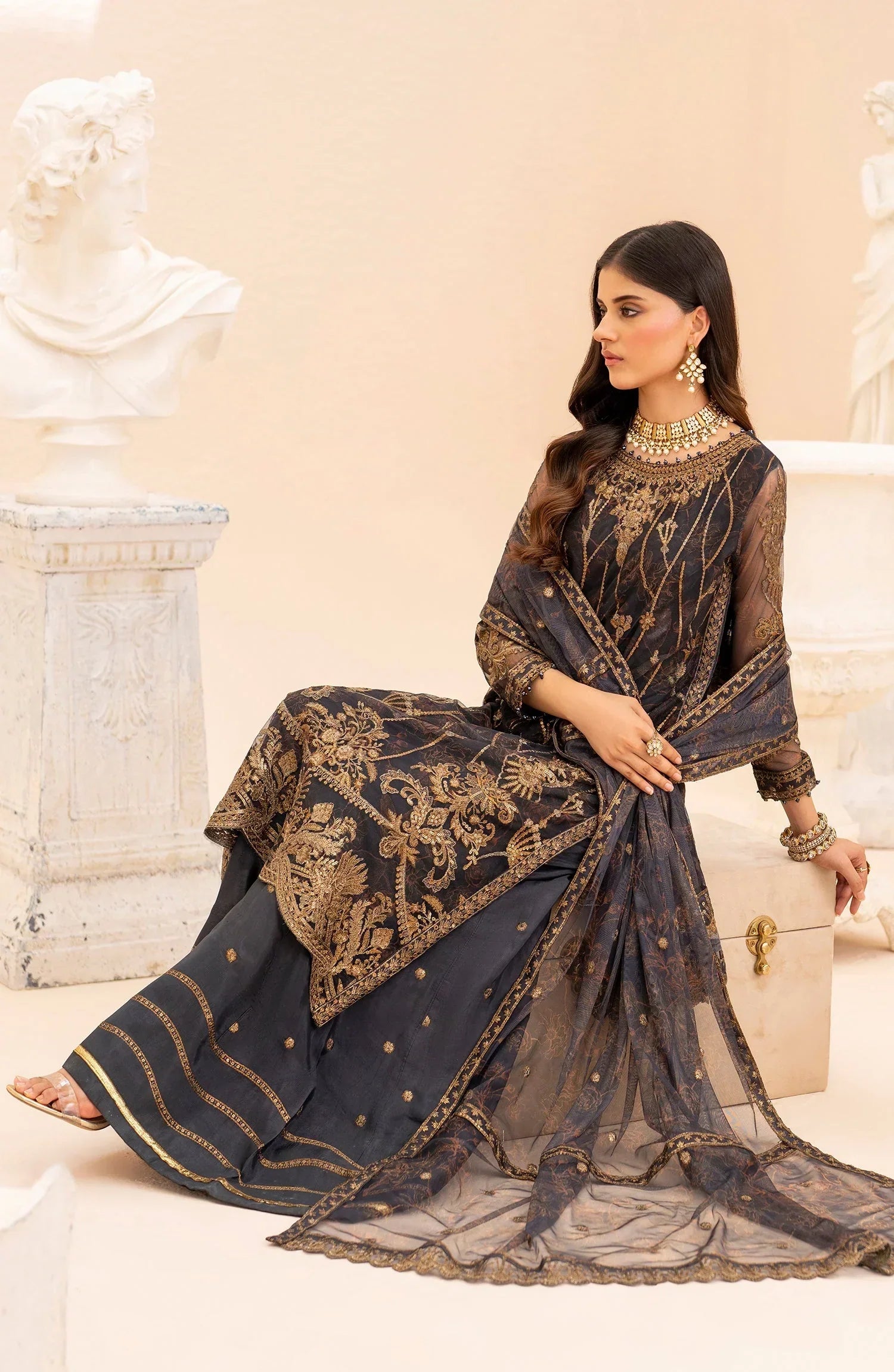 Maheer by Zarif Sequins Embroidered Net 3Pc Suit ZMU-05 SELENE - House Of Hania