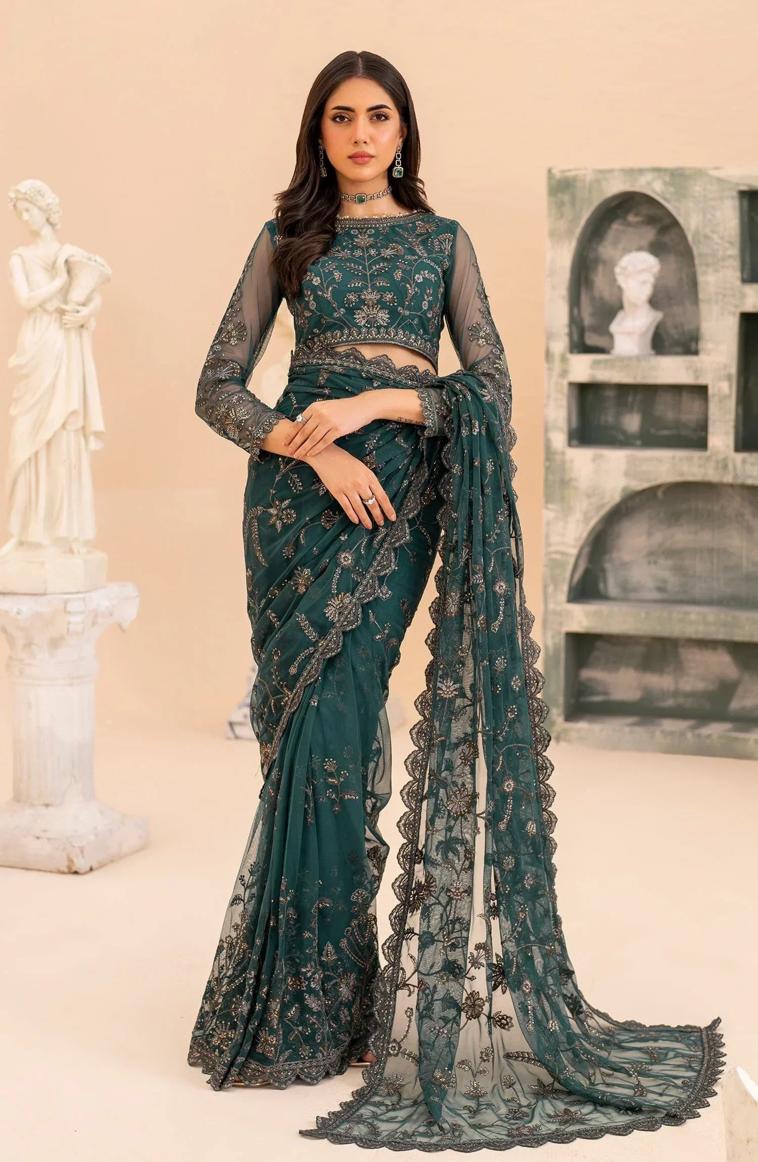 Maheer by Zarif Sequins Embroidered Net 3Pc Suit ZMU-07 ZAYB - House Of Hania