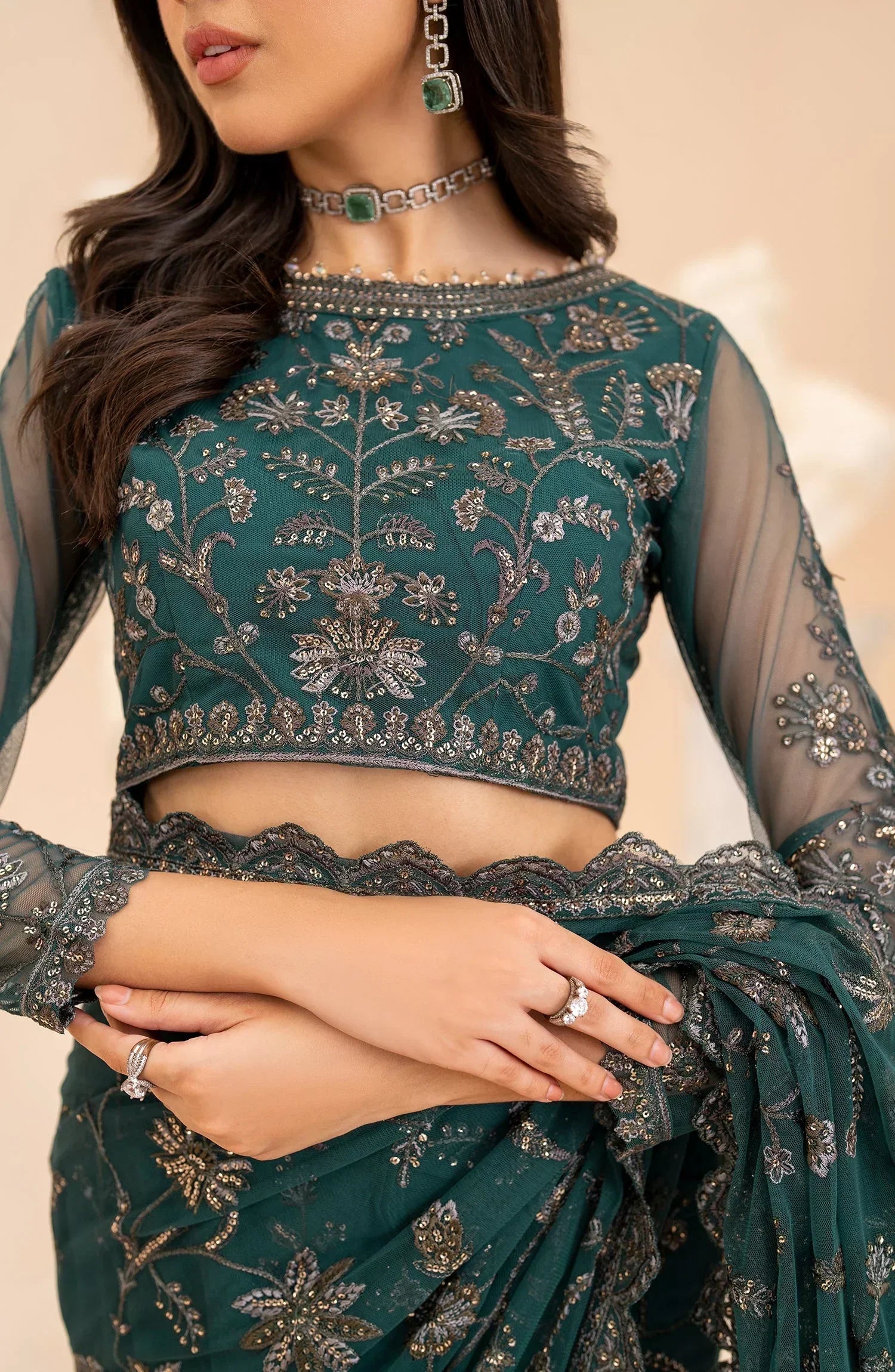 Maheer by Zarif Sequins Embroidered Net 3Pc Suit ZMU-07 ZAYB - House Of Hania