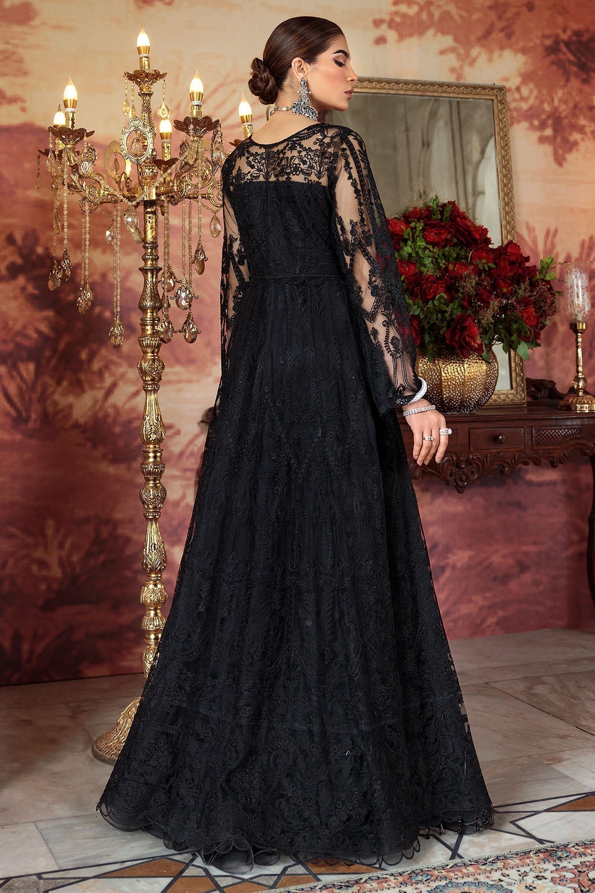 Motifz-2777-BLACK EMBROIDERED SILK NET FABRIC - House Of Hania
