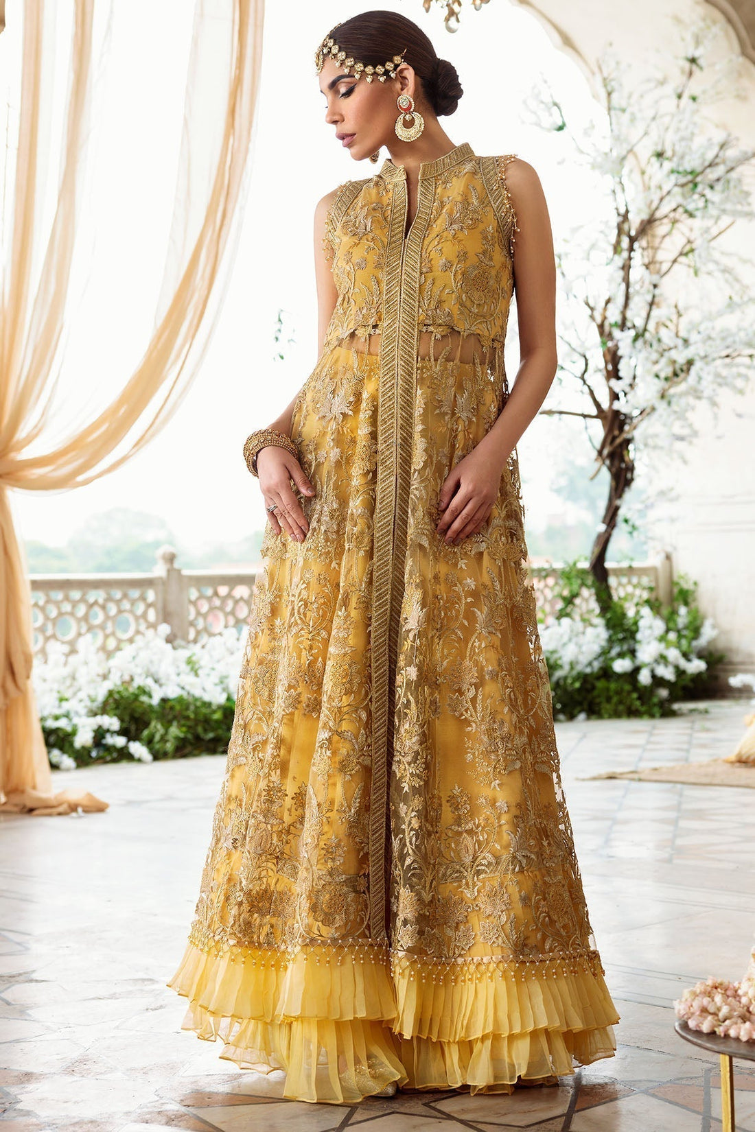 Motifz-2780-YELLOW EMBROIDERED SILK NET FABRIC - House Of Hania