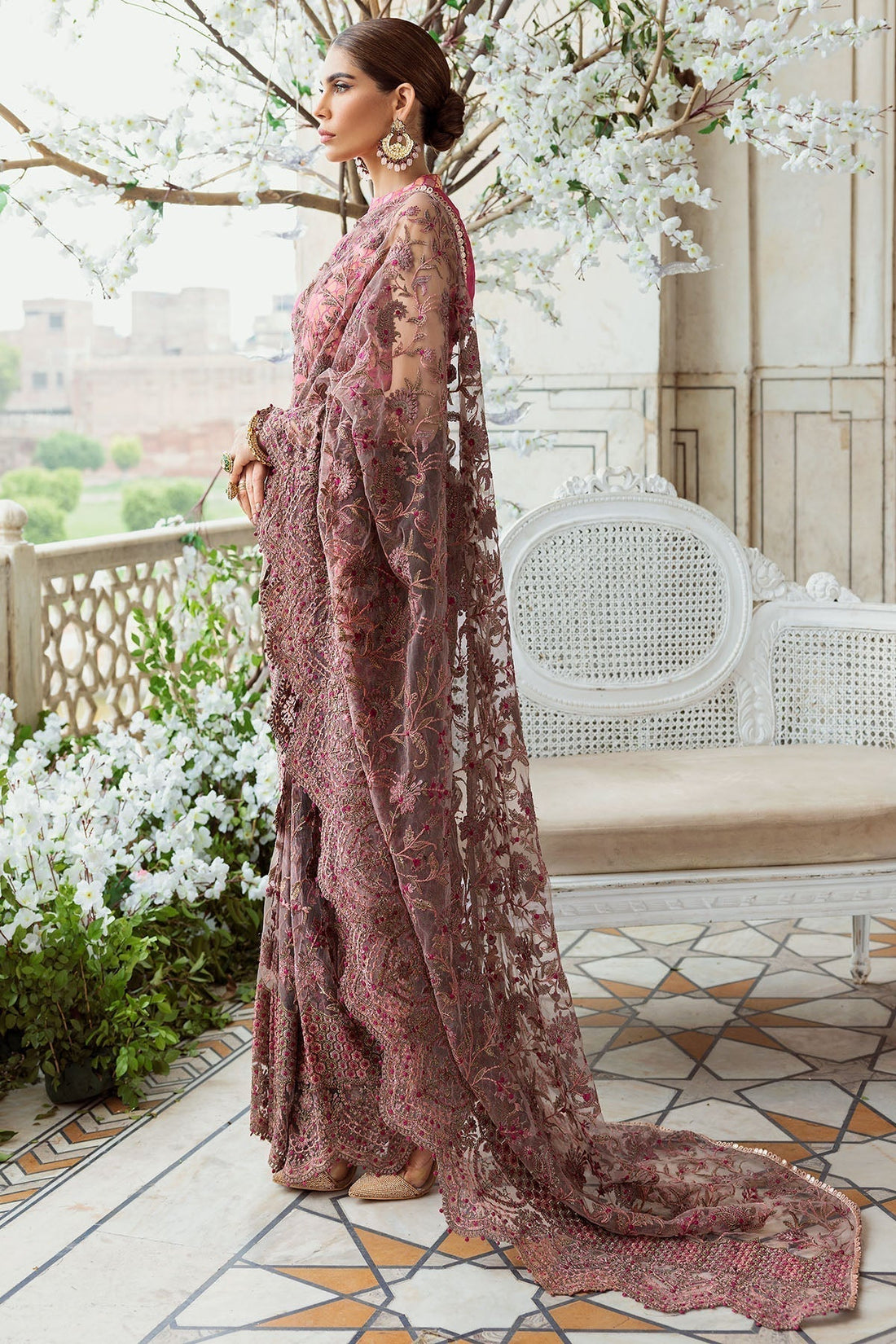 Motifz-3185-BROWN EMBROIDERED SILK NET FABRIC - House Of Hania