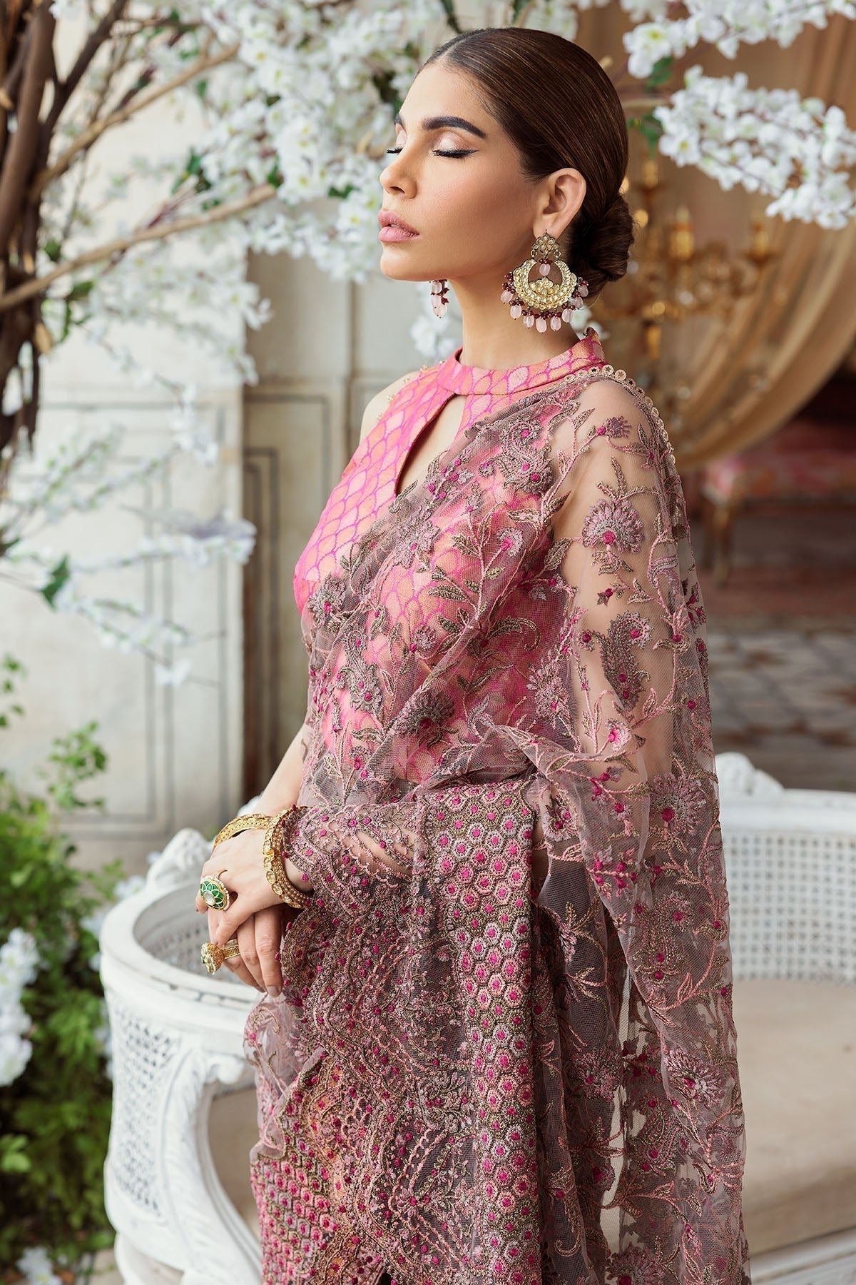Motifz-3185-BROWN EMBROIDERED SILK NET FABRIC - House Of Hania