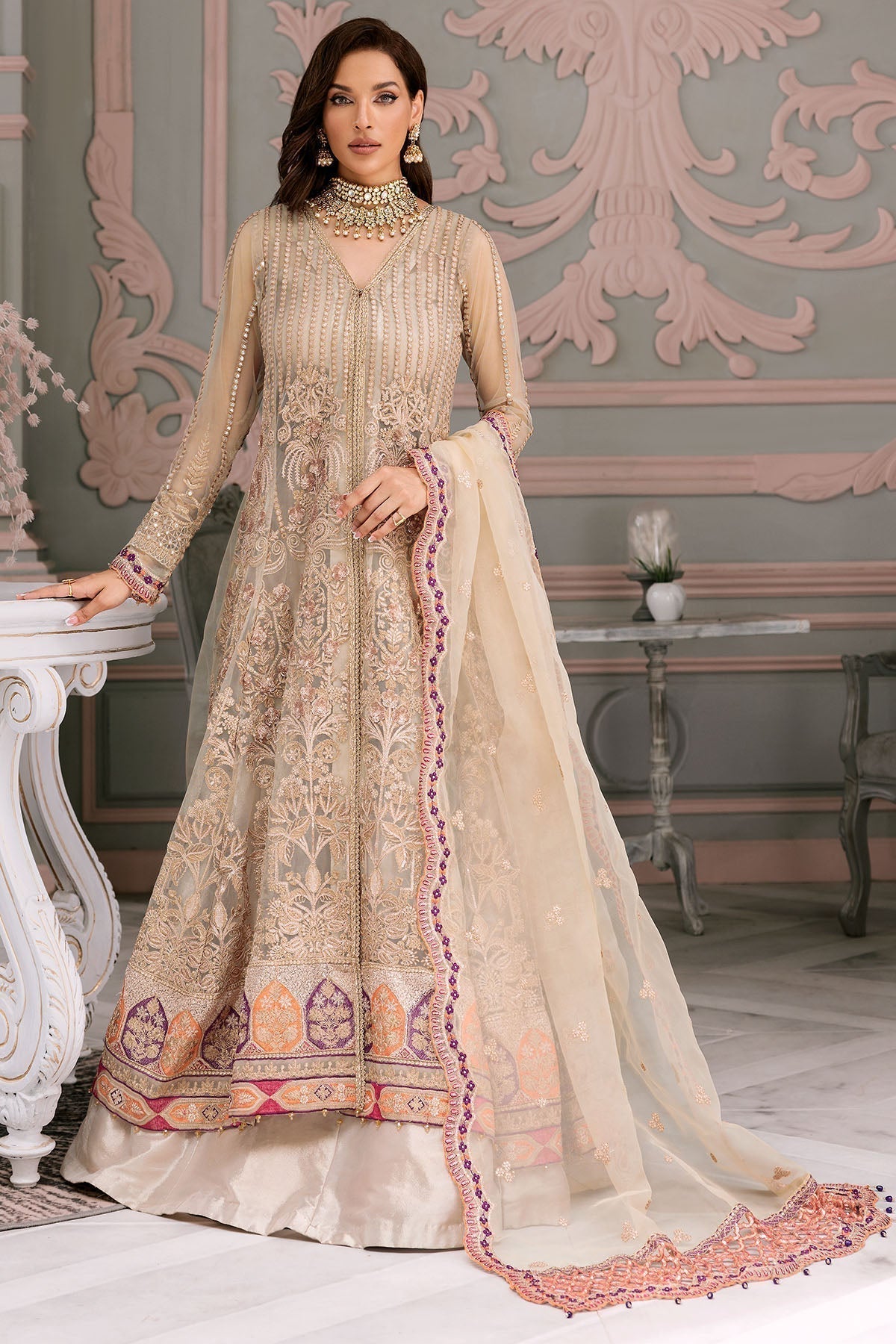Motifz-3391-LENTERNITE EMBROIDERED SILK NET - House Of Hania