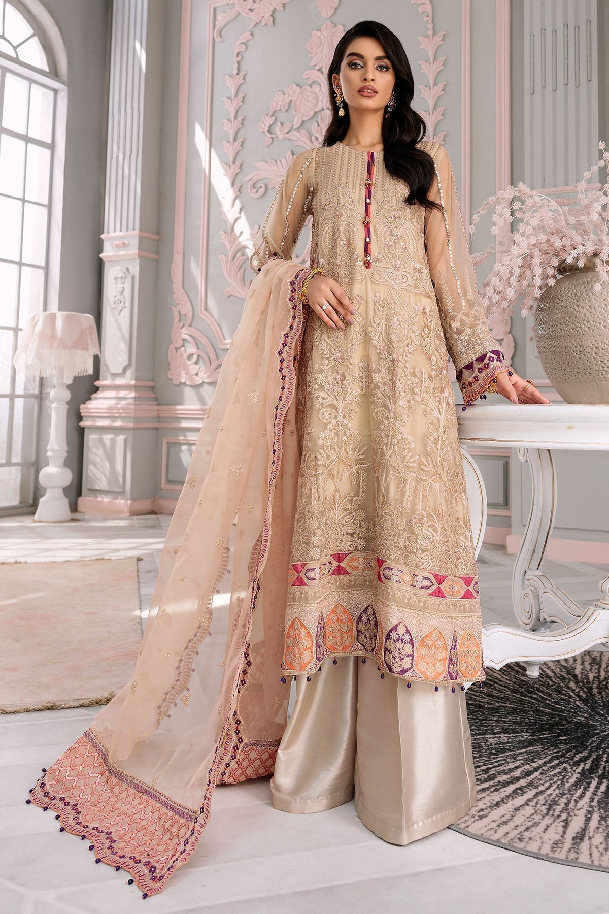 Motifz-3391-LENTERNITE EMBROIDERED SILK NET - House Of Hania