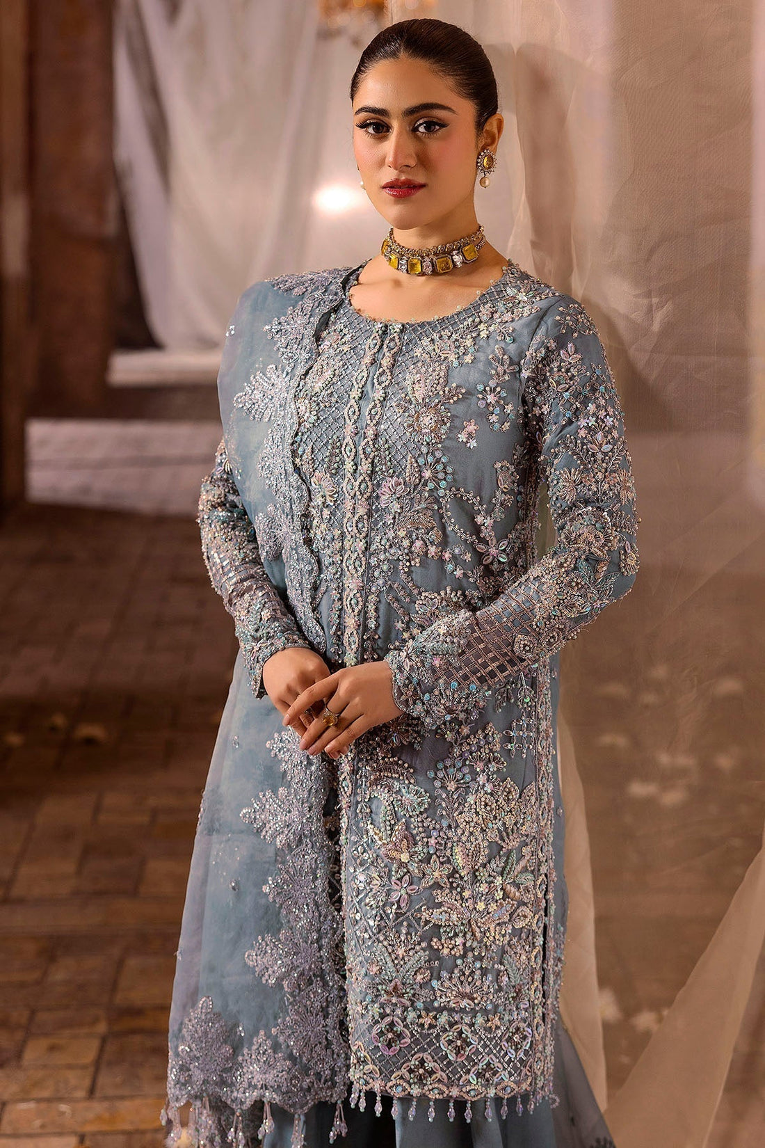 Motifz | Bridal Couture | 0014-FIROZEH EMBROIDERED ORGANZA STITCHED - House Of Hania