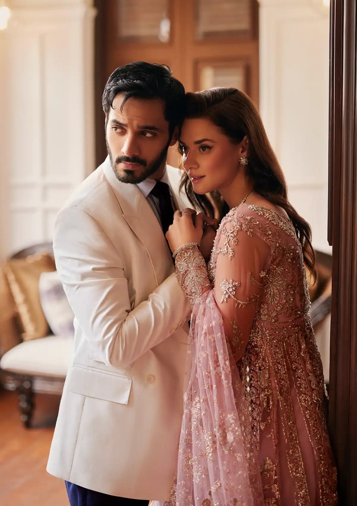 Mushq Stardust Embroidered Net 3Pc Suit MN23-04 Luster - House Of Hania