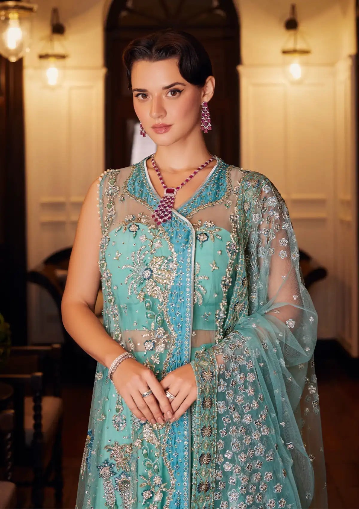 Mushq Stardust Embroidered Net Unstitched 3Pc Suit MN23-03 Astrum - House Of Hania