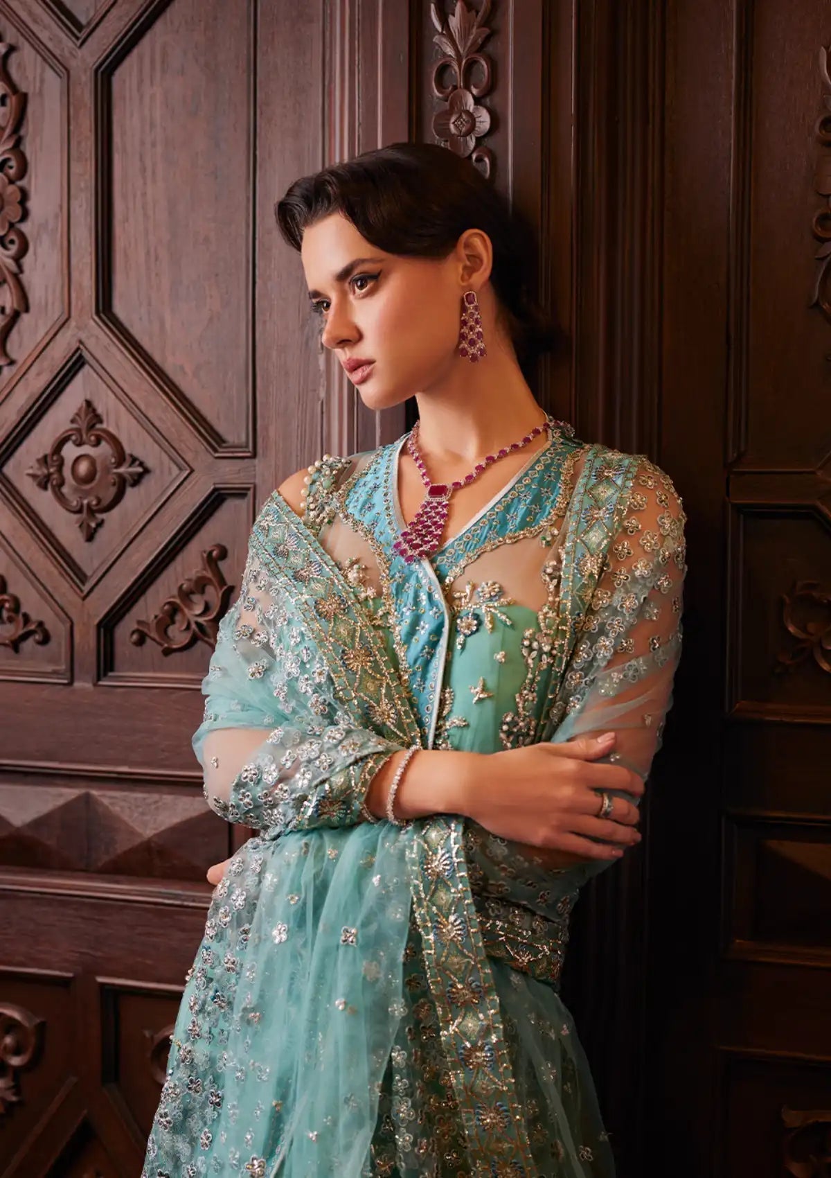 Mushq Stardust Embroidered Net Unstitched 3Pc Suit MN23-03 Astrum - House Of Hania