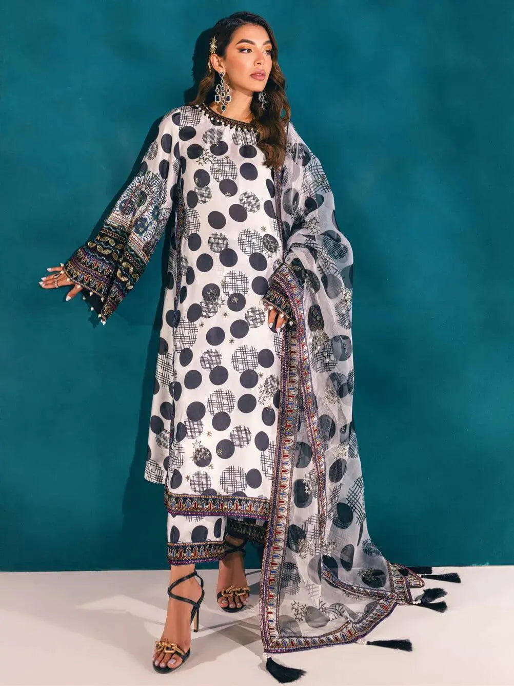 NUREH Embroidered Charmeuse Printed Silk 3Pc Suit S-03 - House Of Hania