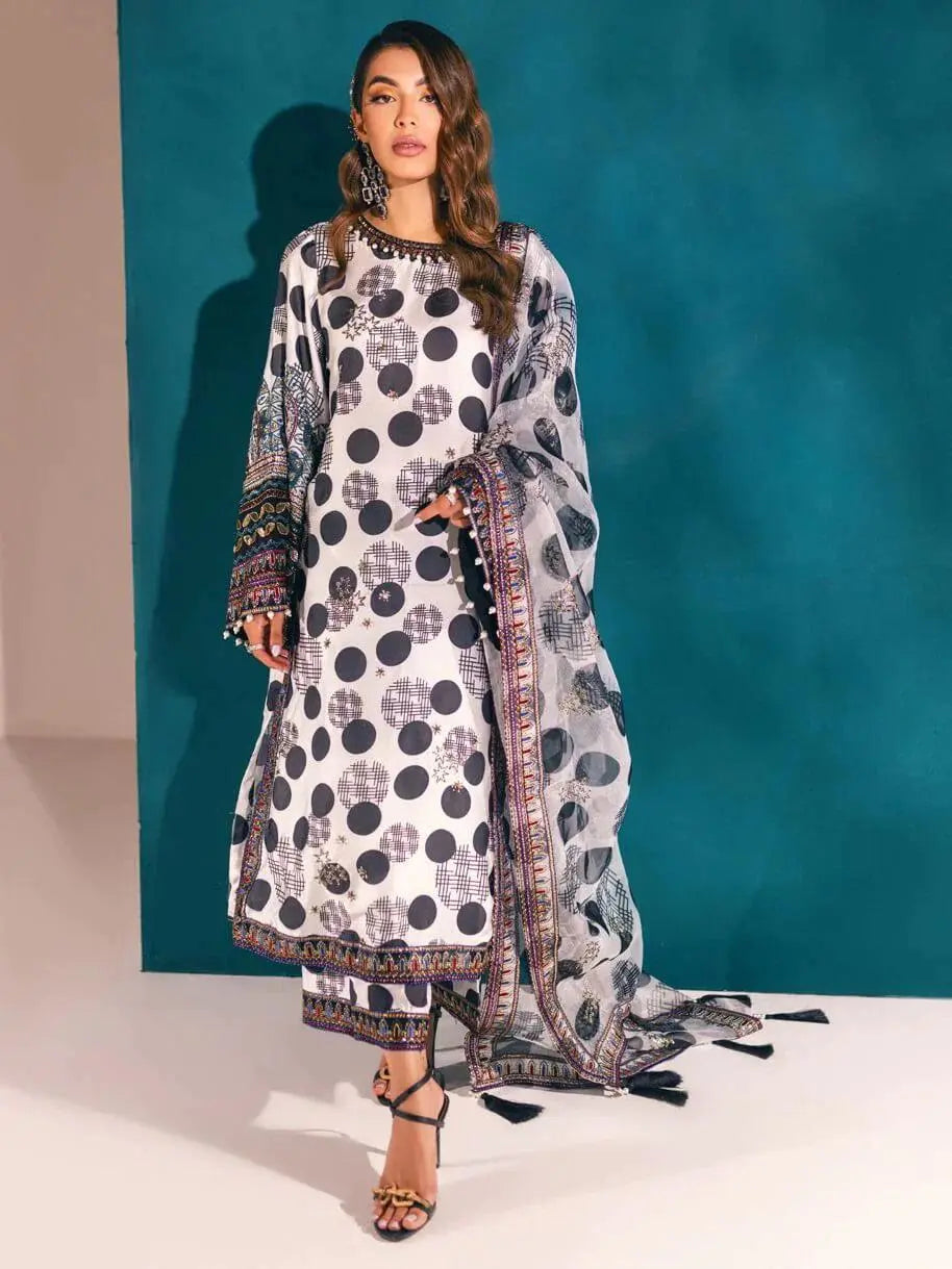 NUREH Embroidered Charmeuse Printed Silk 3Pc Suit S-03 - House Of Hania