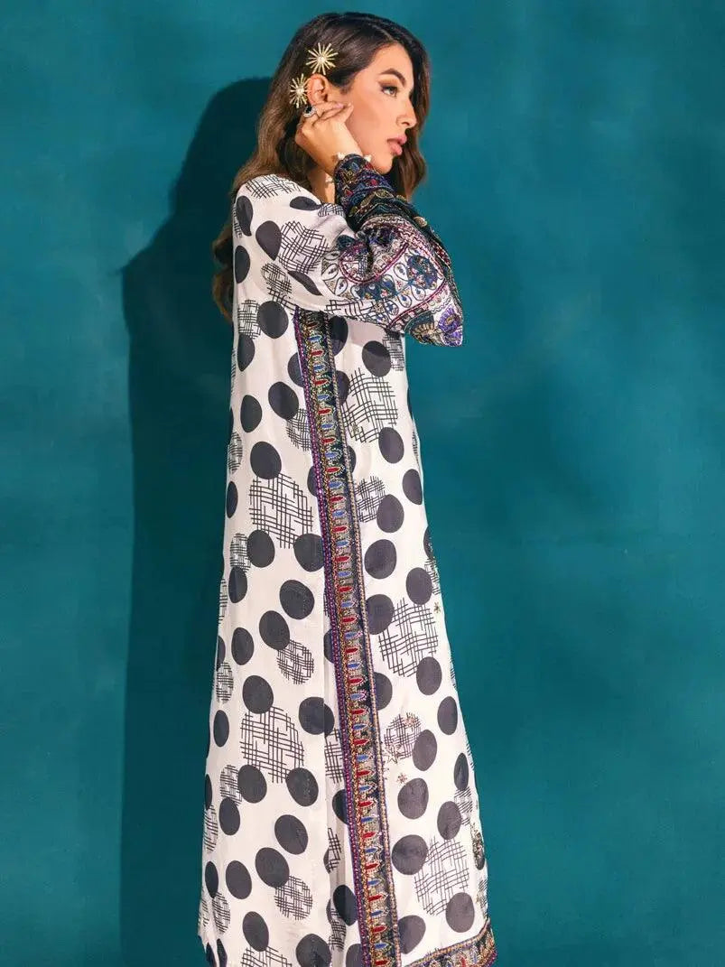 NUREH Embroidered Charmeuse Printed Silk 3Pc Suit S-03 - House Of Hania