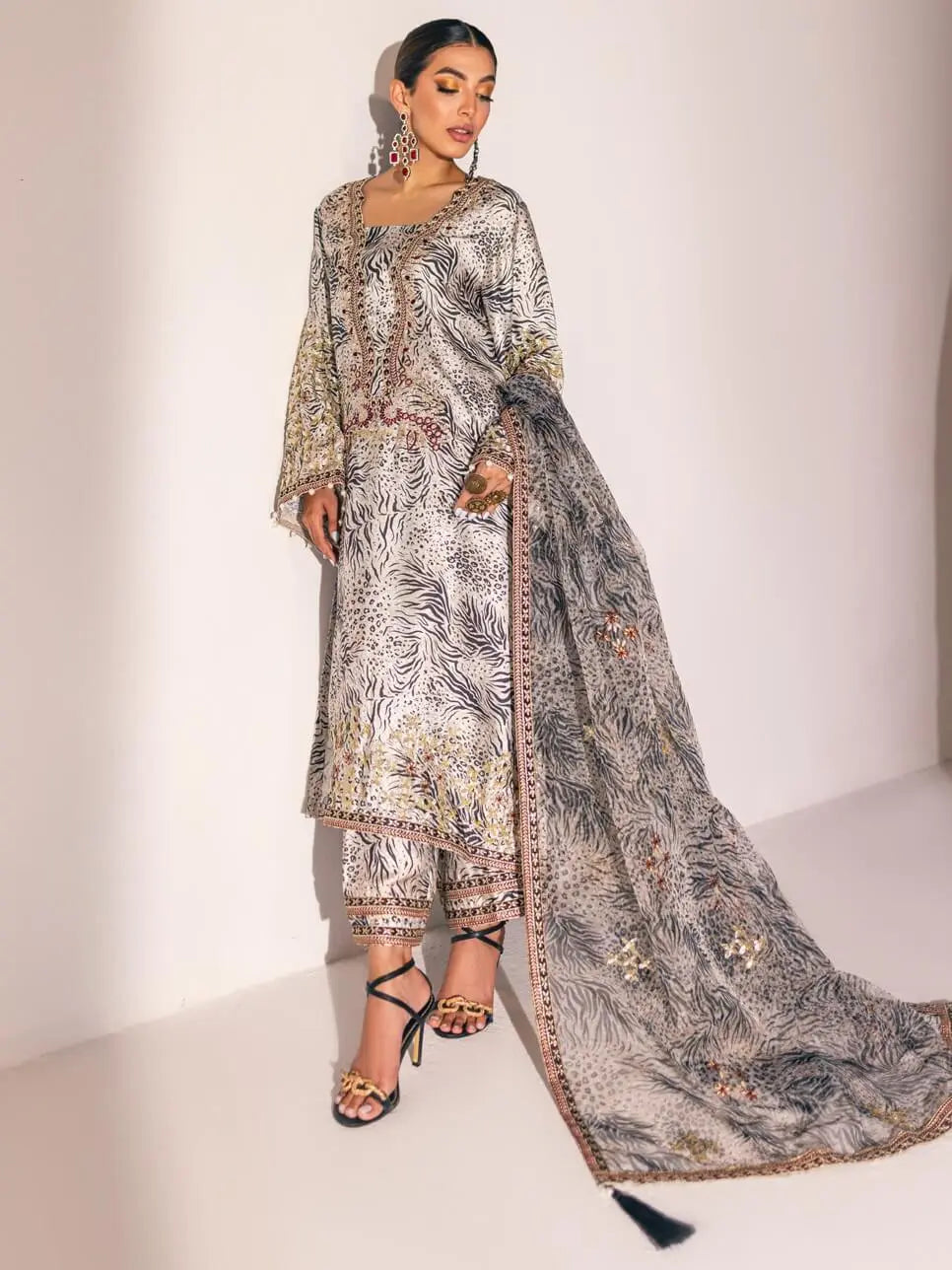 NUREH Embroidered Charmeuse Printed Silk 3Pc Suit S-05 - House Of Hania