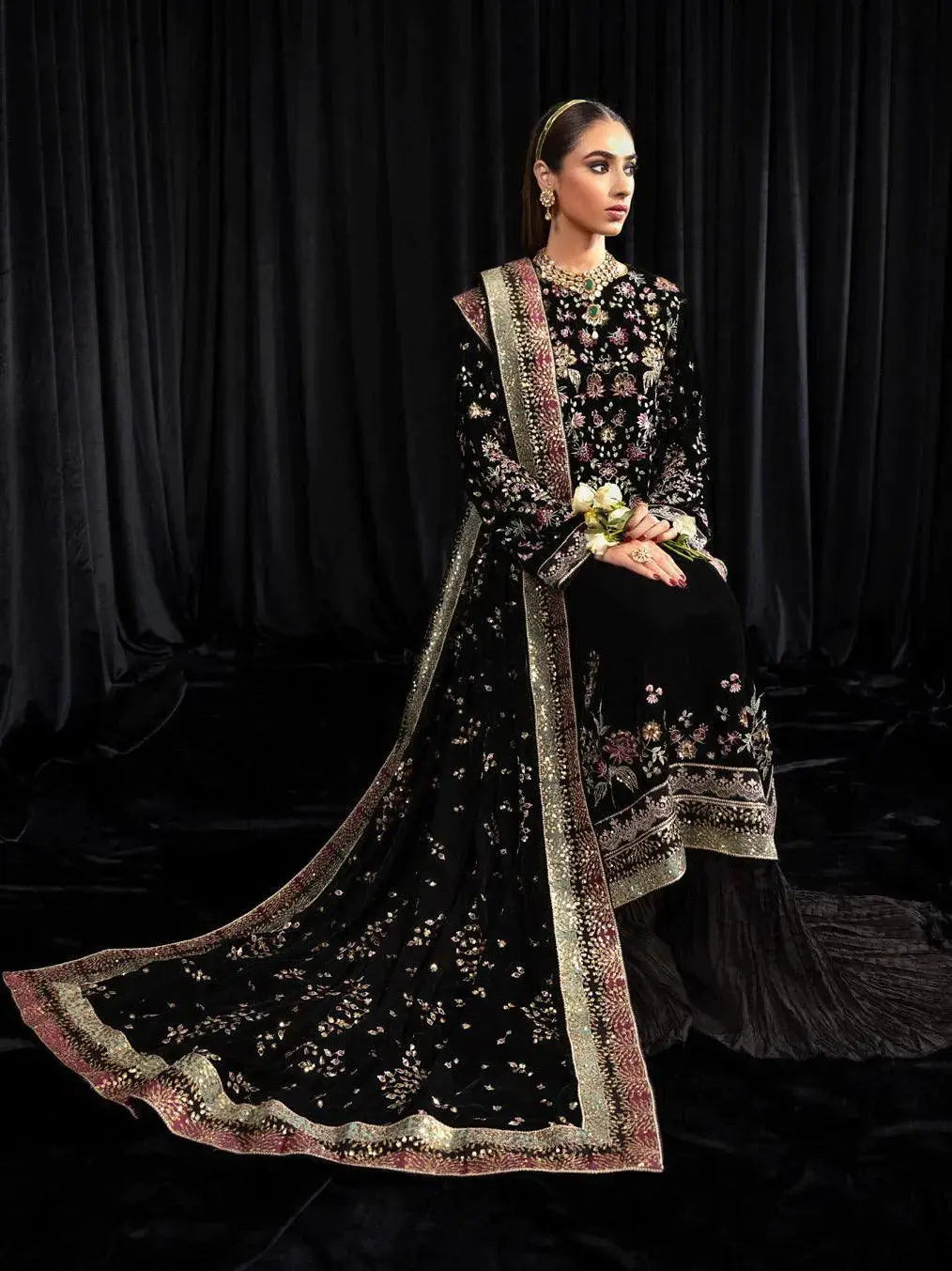 NUREH Maya Embroidered Velvet 3Pc Suit NS-104 KIYARA - House Of Hania