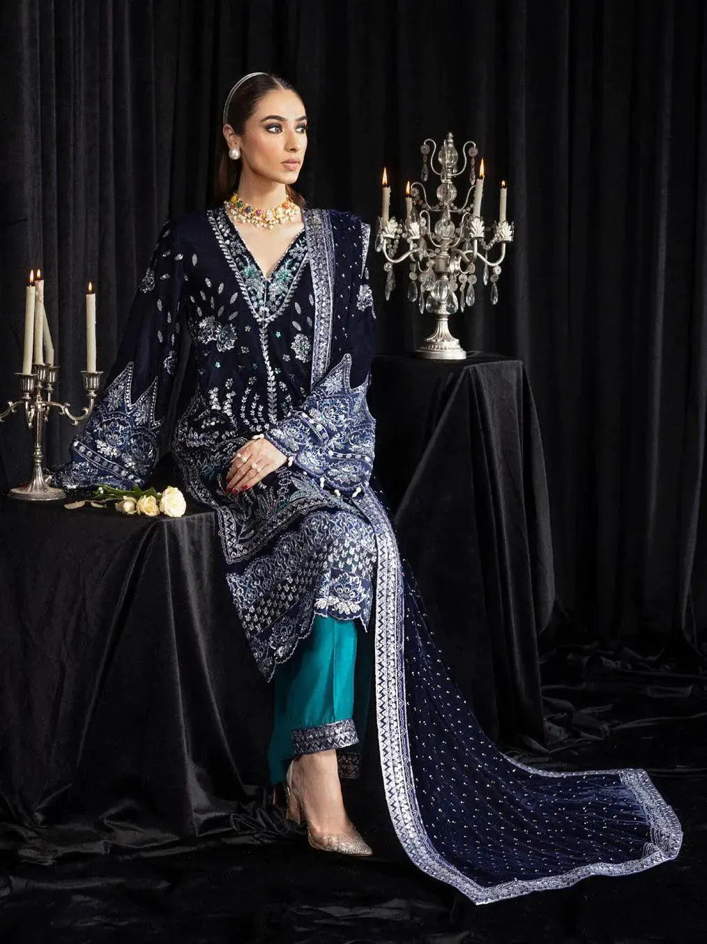 NUREH Maya Embroidered Velvet 3Pc Suit NS-105 SAFEENA - House Of Hania