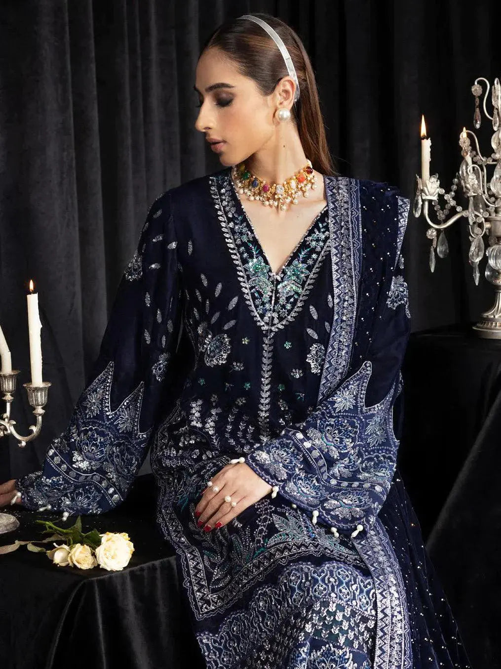 NUREH Maya Embroidered Velvet 3Pc Suit NS-105 SAFEENA - House Of Hania