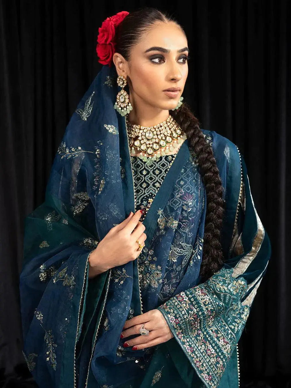 NUREH Maya Embroidered Velvet 3Pc Suit NS-107 LEHAR - House Of Hania