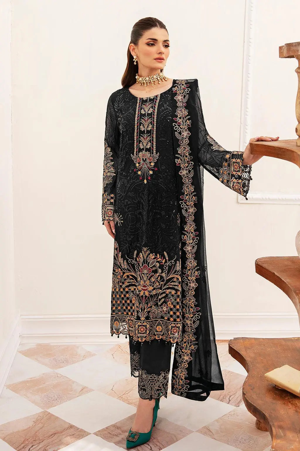 Ramsha Embroidered Luxury Chiffon 3 Piece Suit F-2403 - House Of Hania