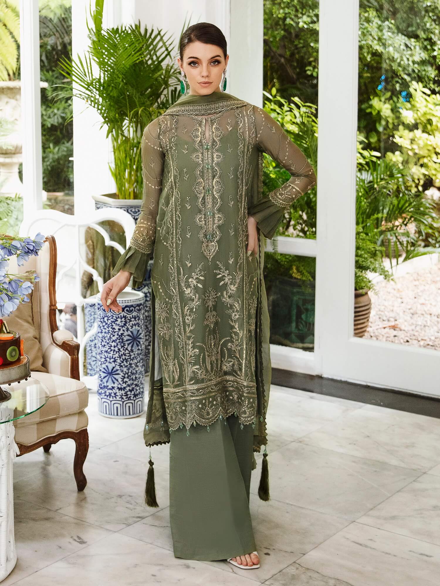Saad Shaikh Ella Embroidered Luxury Chiffon 3Pc Suit DSG-08 - House Of Hania
