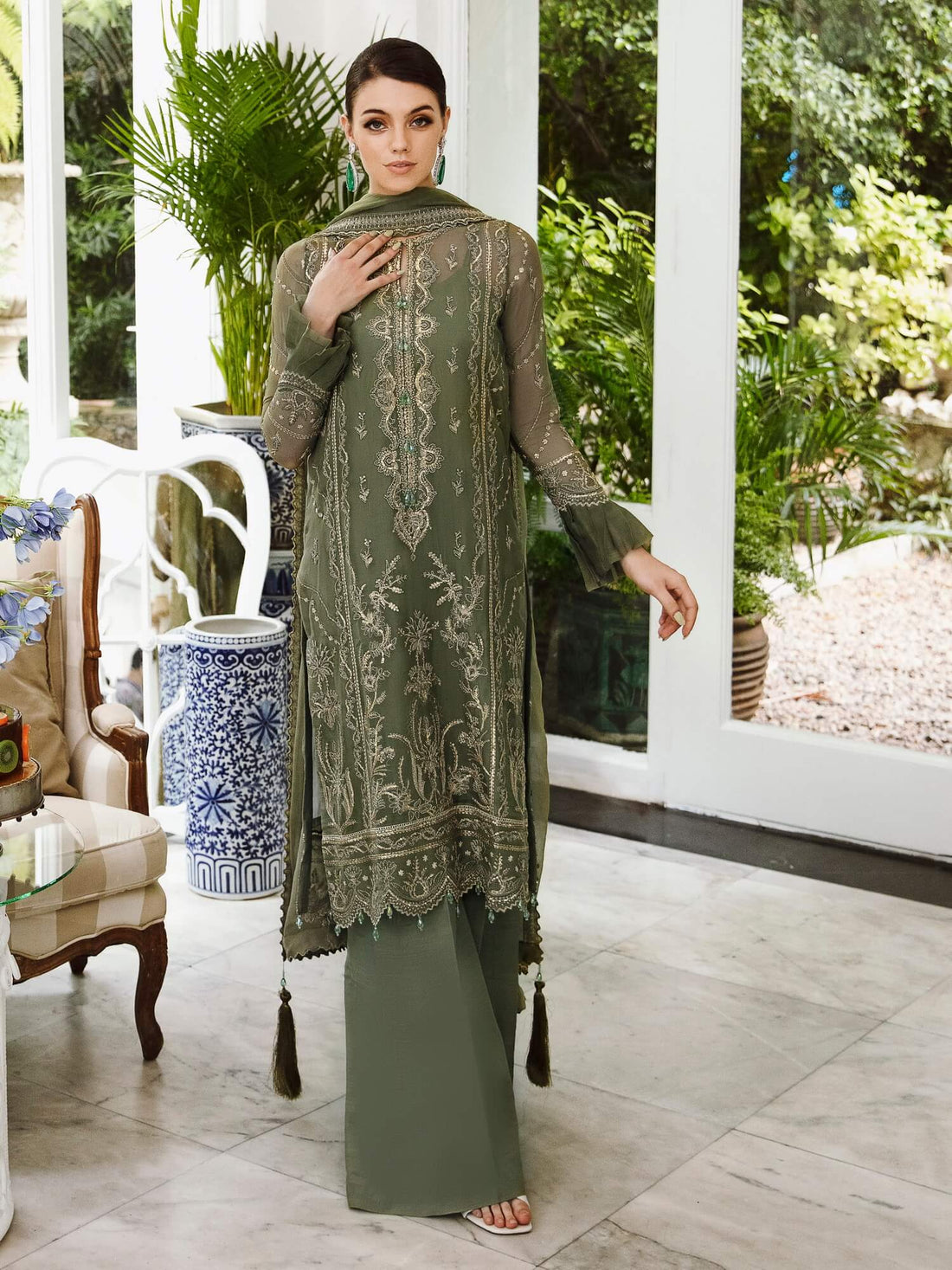 Saad Shaikh Ella Embroidered Luxury Chiffon 3Pc Suit DSG-08 - House Of Hania