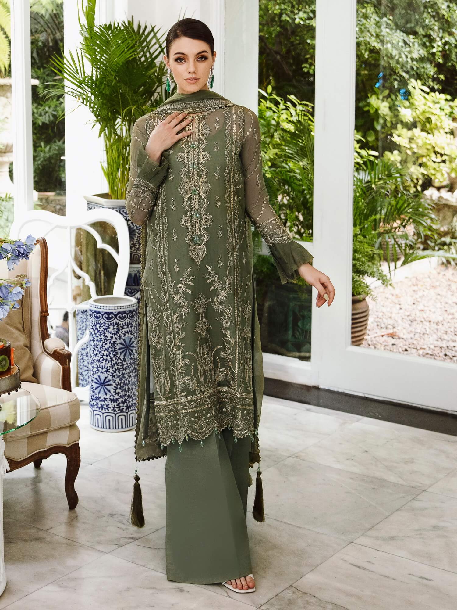 Saad Shaikh Ella Embroidered Luxury Chiffon 3Pc Suit DSG-08 - House Of Hania