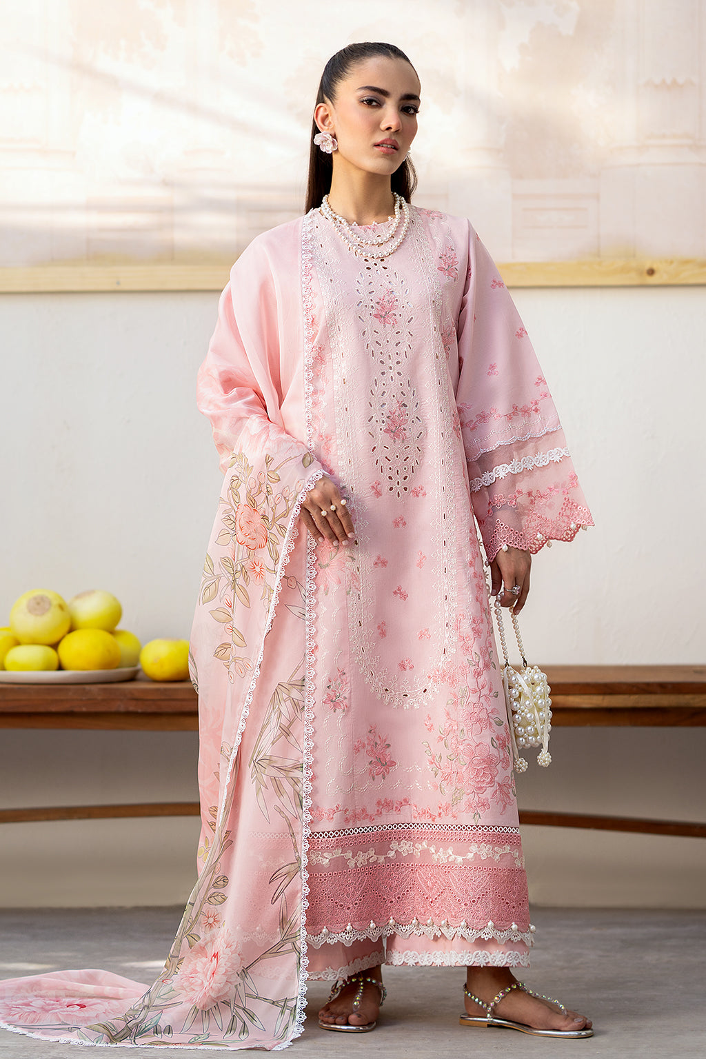 Saad Shaikh Luxe Embroidered Lawn 3Pc Suit - Pink Oasis - House Of Hania