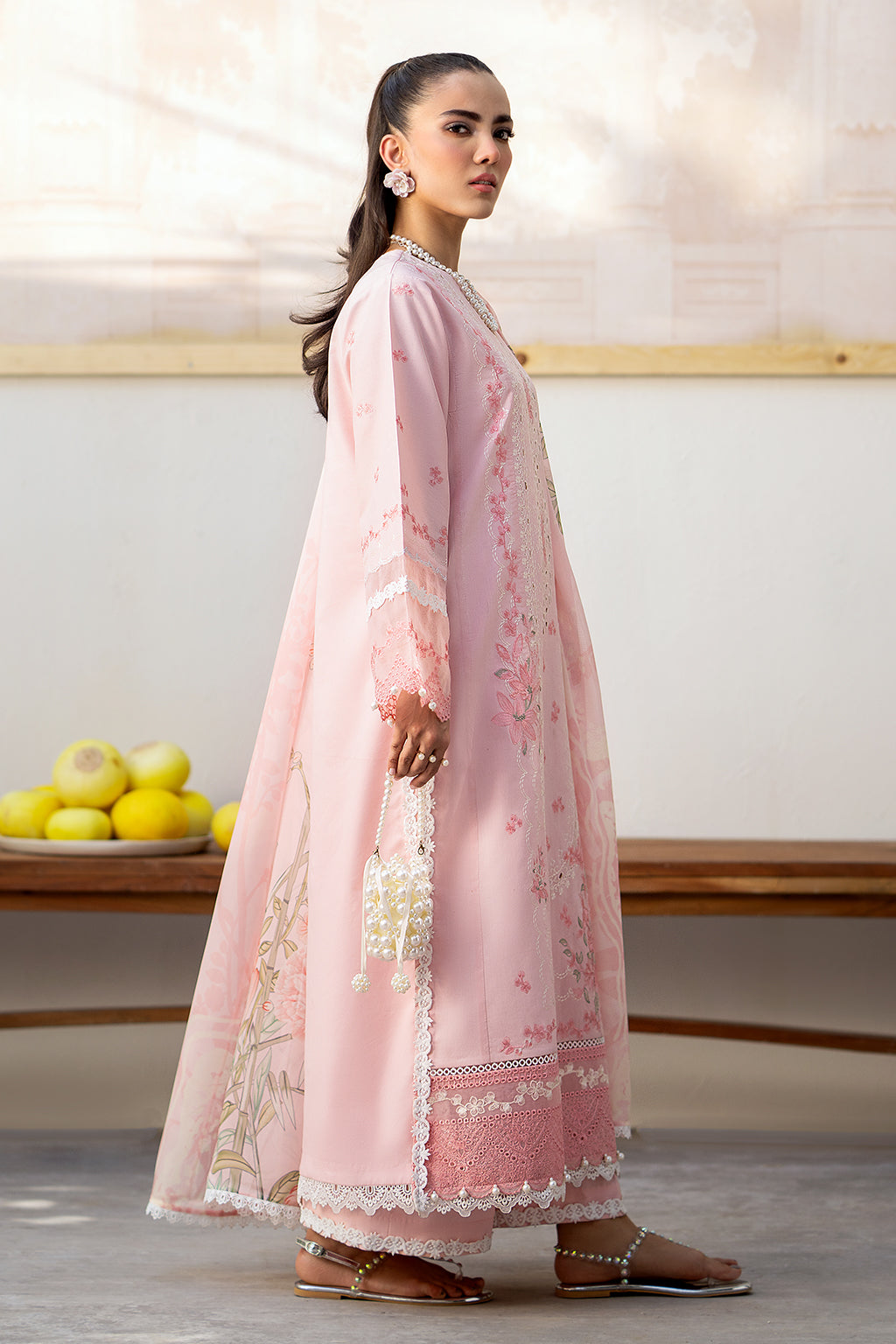 Saad Shaikh Luxe Embroidered Lawn 3Pc Suit - Pink Oasis - House Of Hania