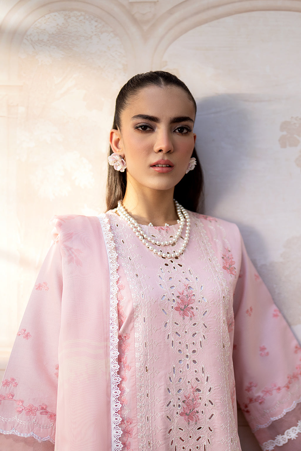 Saad Shaikh Luxe Embroidered Lawn 3Pc Suit - Pink Oasis - House Of Hania