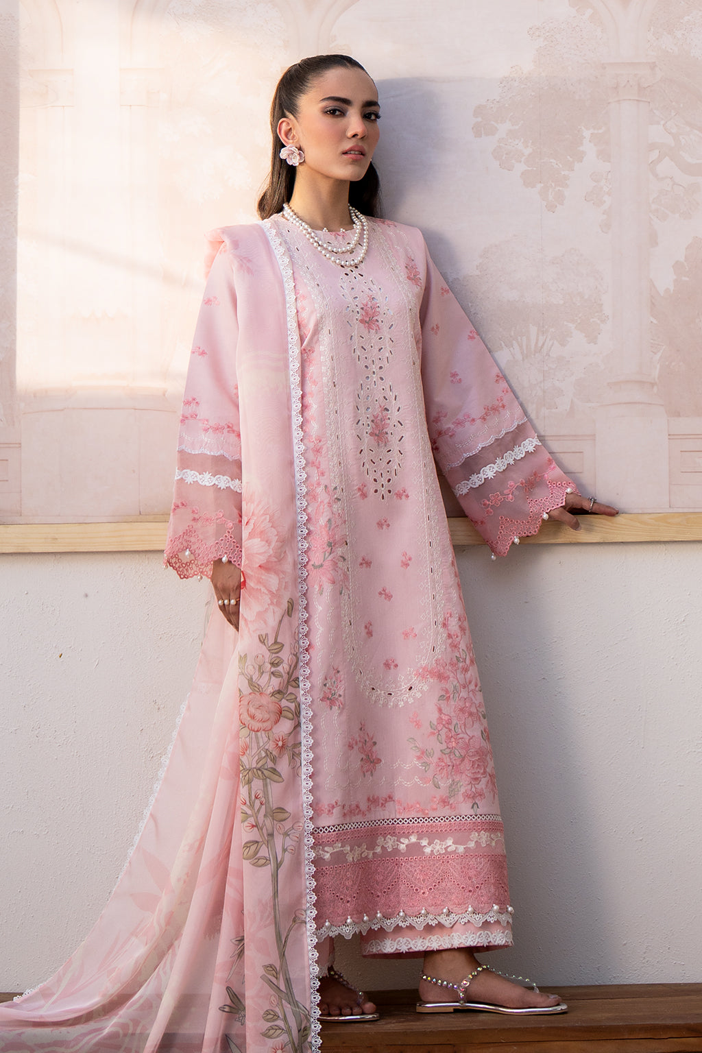 Saad Shaikh Luxe Embroidered Lawn 3Pc Suit - Pink Oasis - House Of Hania
