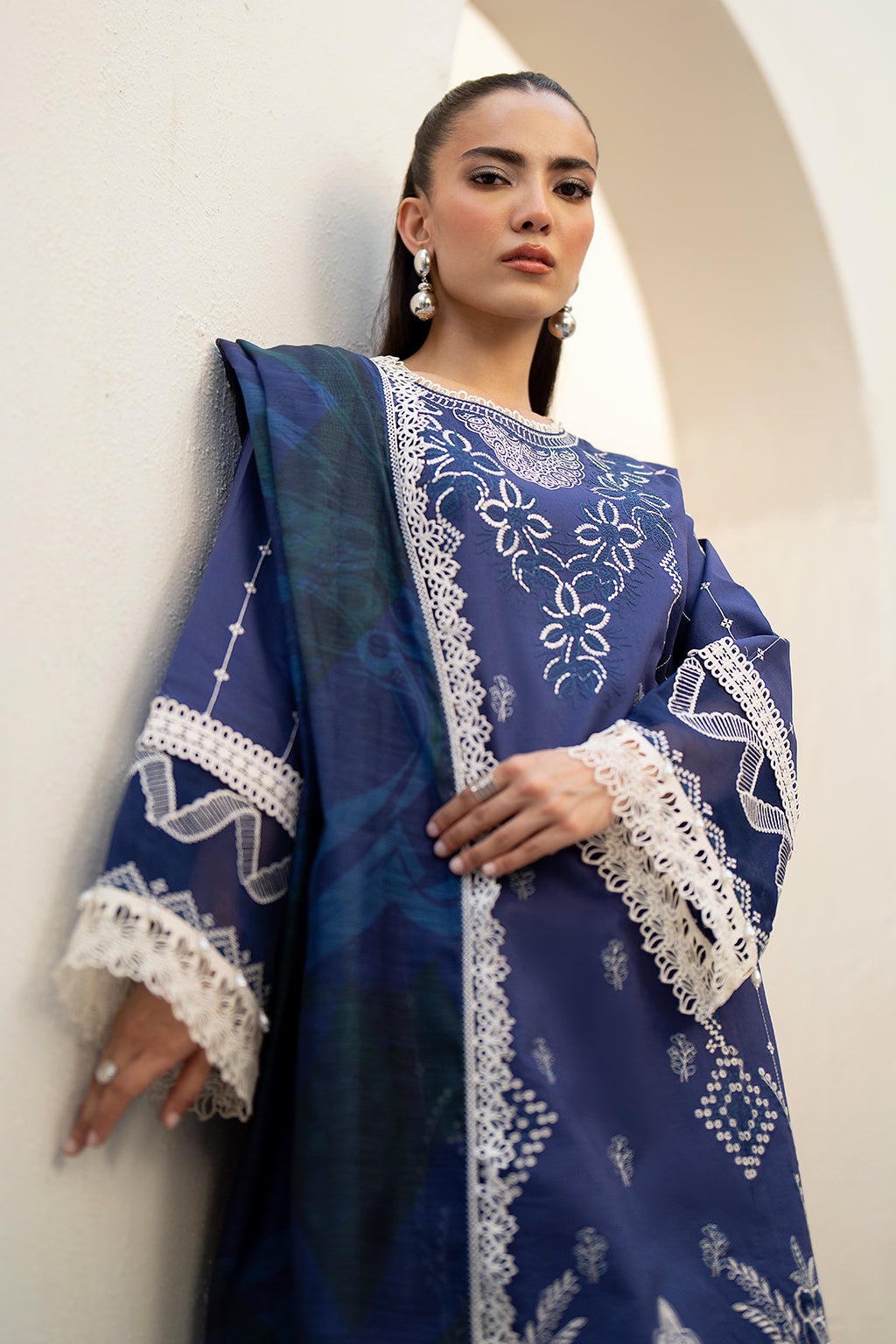 Saad Shaikh Luxe Embroidered Lawn 3Pc Suit - Tawny - House Of Hania