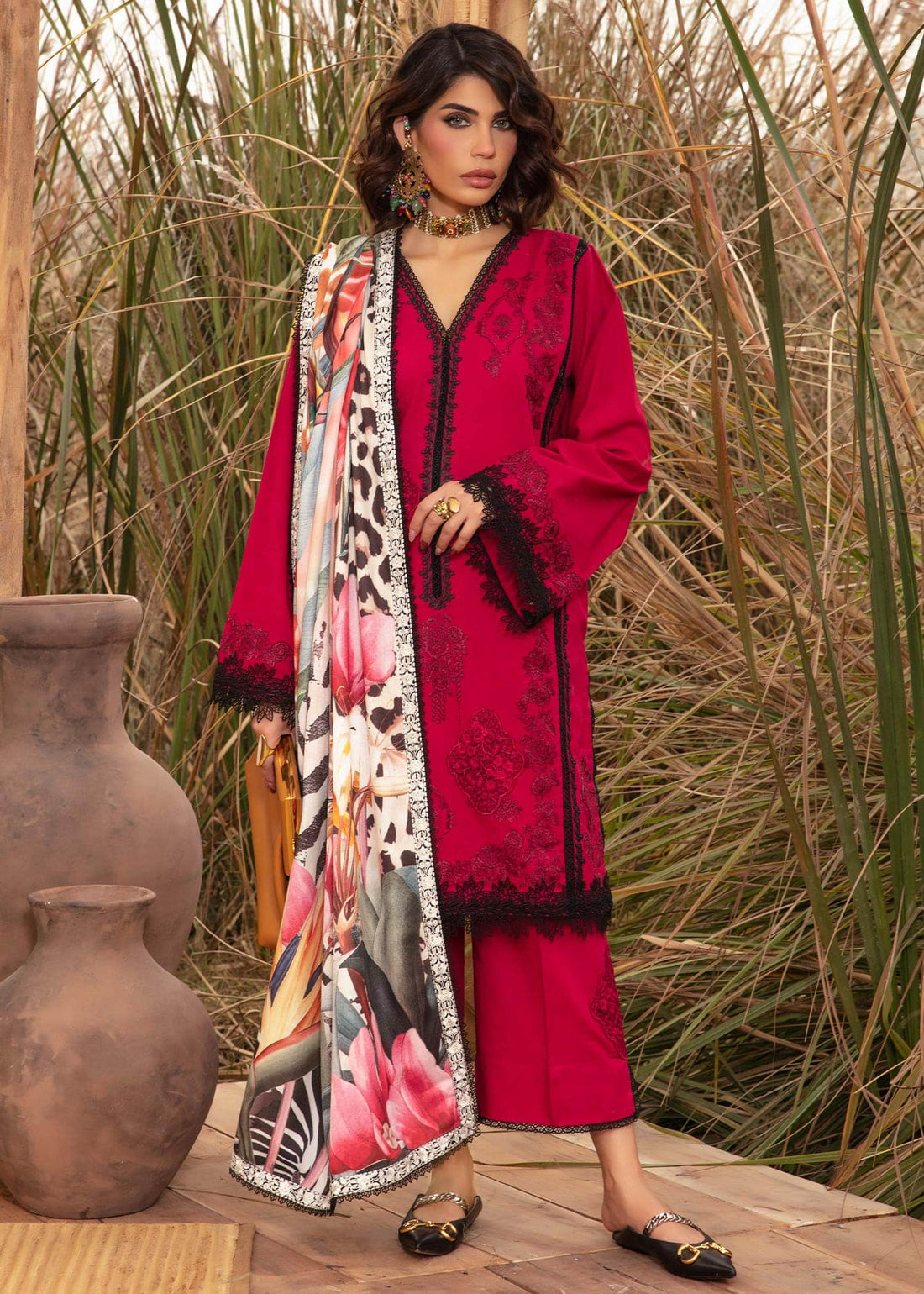 Saira Shakira | Raya Winter Stitched 23 | Crimson - House Of Hania
